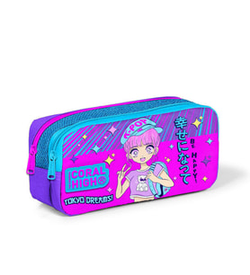 Coral High Kids Mor Pembe Mavi Simli K-Pop Desenli İki Bölmeli Kalem Çantası 12064