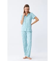 Kadın Buz Mavisi Yıldız Desenli Önden Düğmeli Pijama Takımı