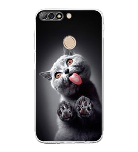 PrintiFy Huawei Y7 2018 ile Uyumlu Kedi 2 Kamera Korumalı Şeffaf Kılıf