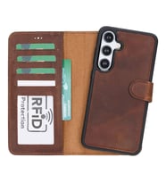 Samsung Galaxy S24 Plus Uyumlu, Deri Cüzdanlı Kılıf, Antik Kahve