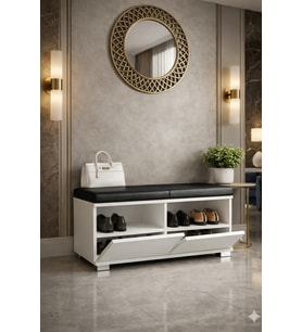 CASTELLO 80 cm Minderli Oturaklı Ayakkabılık  2 Kapaklı Beyaz Ayakkabı Dolabı Beyaz Deri Puflu Bench