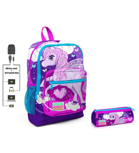 Coral High Mor Unicorn Baskılı İlkokul Sırt Çantası ve Kalemlik Seti - Kız Çocuk - USB Soketli
