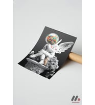 Balonlu Melek Heykel Poster, Çerçevesiz Yüksek Kalite Duvar Afişi - Renkli Ev