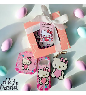 Hello Kitty Anahtarlık Açacak Magnet Ahşap Anahtarlık 3 lü Hediye Seti Sevgiliye Hediye (A.Pembe)