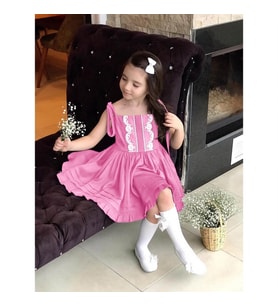 Kız Çocuk Dantel Detaylı Pembe Elbise