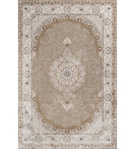 Bej Kahve Madalyon Floral Klasik Kaymaz Taban Makinede Yıkanabilir Salon Halısı Dijital Baskı