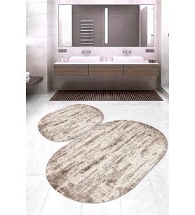 Dijital Baskılı Kaymaz Taban Yıkanabilir Oval 2'li Klozet Takımı Banyo Paspası NOKZ-HT-466 (Kahverengi)