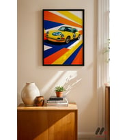 Sarı Yarış Coupe Pop Art, Siyah Çerçeveli Duvar Tablosu - Oto Severlere Özel Hediye