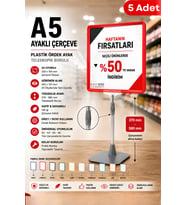 5 Adet - A5 Ayaklı Çerçeve Seti Plastik Ördek Ayak Teleskopik Borulu Fiyat Etiketliği Yönlendirme Levhası Menü Panosu Kırmızı