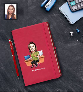 Kişiye Özel Öğretmen Karikatürlü  Kırmızı Defter Kalem Hediye Seti Bayan-17
