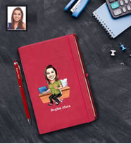 Kişiye Özel Öğretmen Karikatürlü  Kırmızı Defter Kalem Hediye Seti Bayan-17