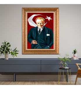 Altın Varaklı Çerçeveli Paspartulu Atatürk Tablo z4562 (Gold)