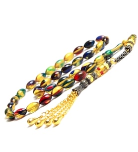 Arpa Kesim 11x7 mm Ateş Kehribar Alpaka Püsküllü Tesbih (Çok Renkli)