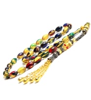 Arpa Kesim 11x7 mm Ateş Kehribar Alpaka Püsküllü Tesbih (Çok Renkli)