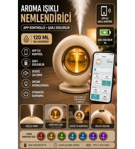 Ultrasonik Hava Nemlendirici Aroma Difüzör 120ml USB ve Pilli Çalışan Uygulama Kontrolü Zaman Ayarlı ( Krem )