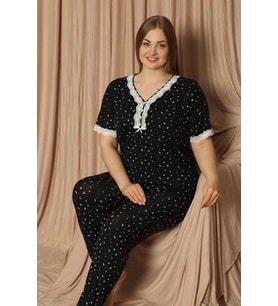 Pijamoni Kadın Viskon Büyük Beden Kısa Kol V Yaka İnce Pijama Takımı 7530/2 - 1 Adet (Siyah)