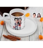 BK Gift Kişiye Özel Sunum Tabaklı Sevgililer Karikatürlü Kahve Fincanı-1, Sevgiliye Hediye, Aileye Hediye