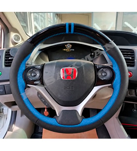 Honda Civic FB7 Dikme Direksiyon Kılıfı Parlak Siyah Mavi Detaylı Mavi Çift Yüzük ve Dikiş 2012-2016