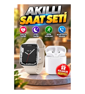 Akıllı Saat 45 mm Gümüş Kasa Bej Kordon Uyku ve Sağlık Takip Özellikli Kulaklık Hediyeli