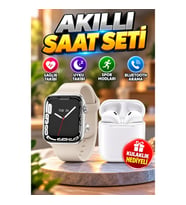 Akıllı Saat 45 mm Gümüş Kasa Bej Kordon Uyku ve Sağlık Takip Özellikli Kulaklık Hediyeli