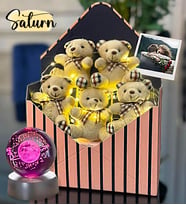 Kişiye Özel Fotoğraflı Özel Premium Led Işıklı Peluş Ayıcık Buketi & Saturn Kız Kristal Işıklı Küre