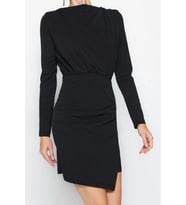 Moda Stil Slim Kayık Yaka Mini Boy Premium Dokulu Krep Drape Detaylı Örme Elbise (Siyah)