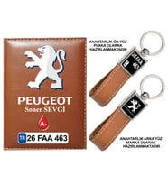 Plakanıza Özel Peugeot Logolu Taba Ruhsat Kabı ve Anahtarlık