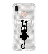 Huawei P20 Lite  Köşe Korumalı Antişok Kapak Çizgi Kedi (Beyaz) Tasarımlı Şeffaf Kılıf