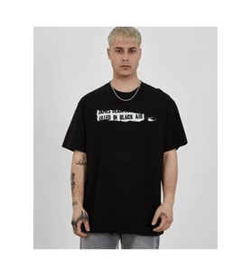 Unisex Bisiklet Yaka Baskılı Oversize T-Shirt - Siyah