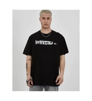 Unisex Bisiklet Yaka Baskılı Oversize T-Shirt - Siyah