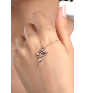 Kadın Orjinal 925 Ayar Gümüş Zirkon Taşlı Melek Kanat Kız Model Kolye (Rose)