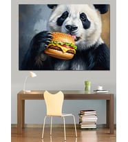Hamburger Yiyen Panda İllüstrasyon Tablo Dekoratif Kanvas - Mdf Ahşap Tablo