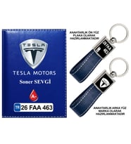 Plakanıza Özel Tesla Logolu Lacivert Ruhsat Kabı ve Anahtarlık