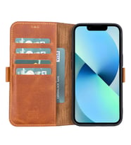 Apple iPhone 13 Uyumlu Deri Cüzdanlı Kılıf Antik Taba