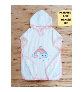 %100 Pamuklu & Başlıklı Bebek Banyo Havlusu - Gökkuşağı Nakışlı Yumuşak & Su Emici Havlu