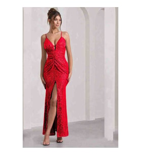 Vip Shopping Full Likralı Payet Göğüs Ve Yırtmaç Dekolteli Elbise (Kırmızı)