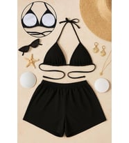 Kadın Siyah Şortlu Belden ve Boyundan Bağlamalı Bikini Takımı