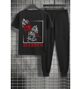 Unisex Blesseb Baskılı 2'li Eşofman Takımı (Siyah)
