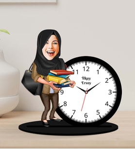 Kişiye Özel Karikatürlü Öğretmen Ahşap Biblo Masa Saati