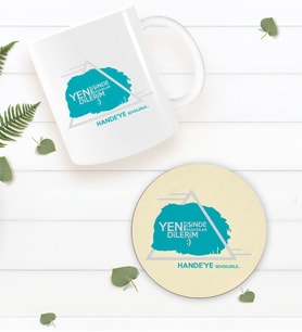 BK Gift Kişiye Özel Yeni İşinde Başarılar Dilerim Beyaz Kupa Bardak ve Yuvarlak Ahşap Bardak Altlığı Hediye Seti -1