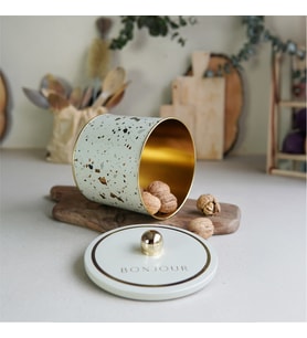 Evle Terrazzo Cream Desenli Topuz Kulplu Yuvarlak Metal Kutu, 14 x 12.5 cm, 1.7 lt