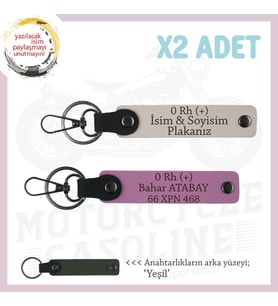 Motor Severlere, İsim Plaka ve 0 Rh (+) Kan Grubu, Özel Tasarım Deri x2 Anahtarlık, Pudra-Pembe-Ysl (Çok Renkli)