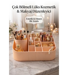 Şeftali Renk Çok Bölmeli Makyaj ve Kozmetik Organizeri, Masa Üstü Düzenleyici