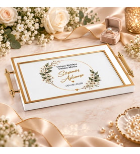 BK Gift Kişiye Özel Beyaz&Gold Söz Nişan Tepsisi-5 - 39x23 cm