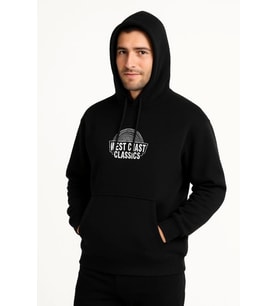 Erkek Üç İplik Kapüşonlu Ön Ve Arka Baskılı SweatShirt Hoodie - Siyah