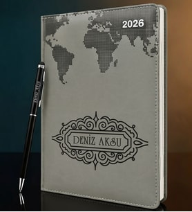 BK Gift Kişiye Özel İsimli Termo Sert Kapak 2026 Gri Ajanda & Kalem -11, Öğretmenler Günü Hediyesi, Yeni İş Hediyesi