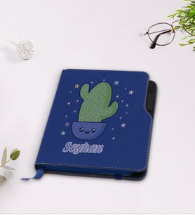 BK Gift Kişiye Özel Kaktüs Tasarımlı Lacivert Termo Deri Defter-4