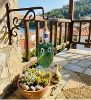 El Yapımı Hediyelik Cam Nazar Boncuklu, Baykuş Figürlü Yeşil, Simli, İpli 25 Cm (Yeşil)