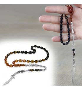 Ateş Kehribar Tesbih - Metal Püsküllü - Sarı Siyah - Zülfikar Uçlu İsme Özel Yazılı - Arpa Kesim