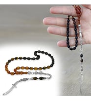 Ateş Kehribar Tesbih - Metal Püsküllü - Sarı Siyah - Zülfikar Uçlu İsme Özel Yazılı - Arpa Kesim